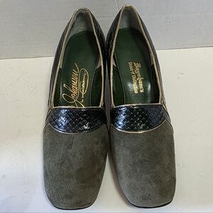 Vintage Johansen Green Suede Heels Snake Print 50's 60's Sz 7